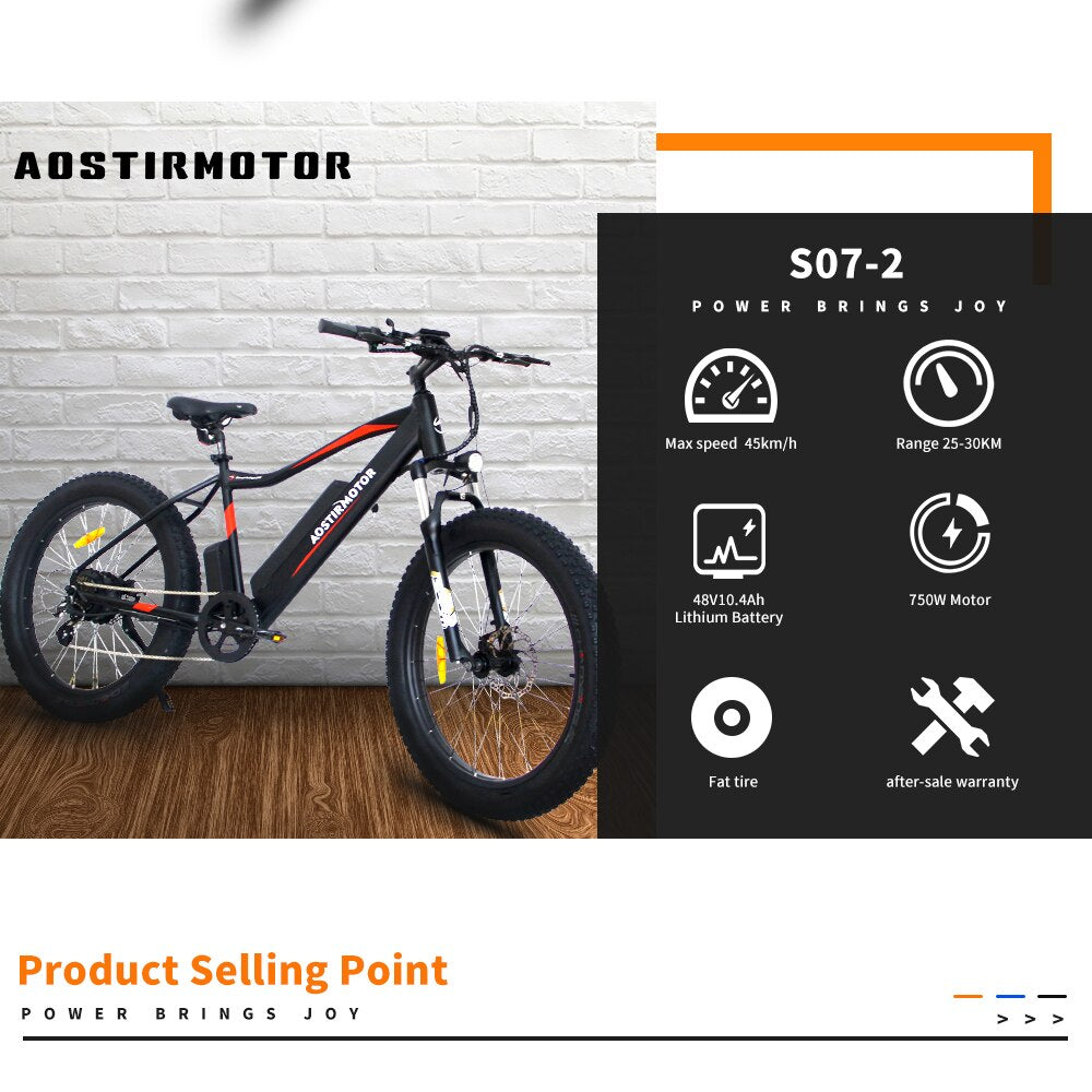 AOSTIRMOTOR Electric Bike 48V 10.4Ah Lithium Battery EBike 750W 7 Speed Fat Tire Electric Mountain Bicycle